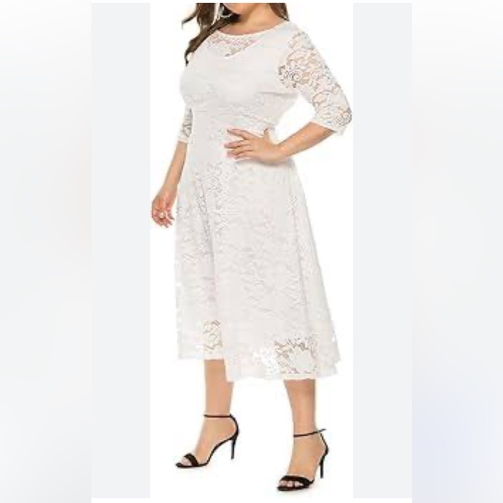 Dressystar Elegant White Lace Midi Dress Sz L Women Mother of the Bride